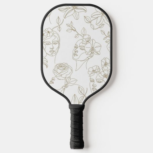 Black and White Vintage Floral Face Line Pattern 2 ピックルボールラケット (正面)