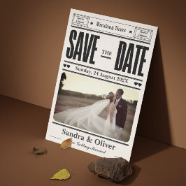 Black and White Vintage Newspaper Save the Date  セーブザデート
