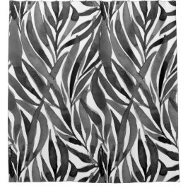 black and white watercolor leaves pattern シャワーカーテン