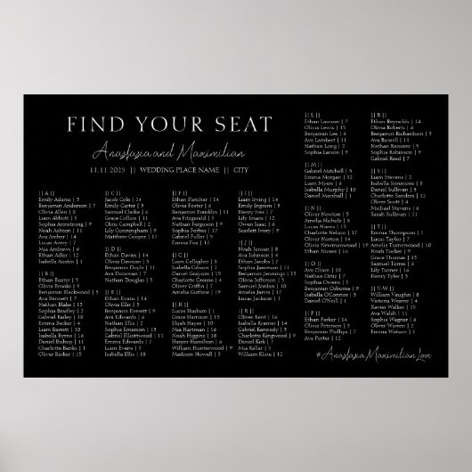 Black and White Wedding Alphabetical Seating Chart ポスター (正面)