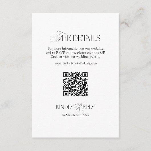 Black and White Wedding Details Qr Code エンクロージャーカード (正面)
