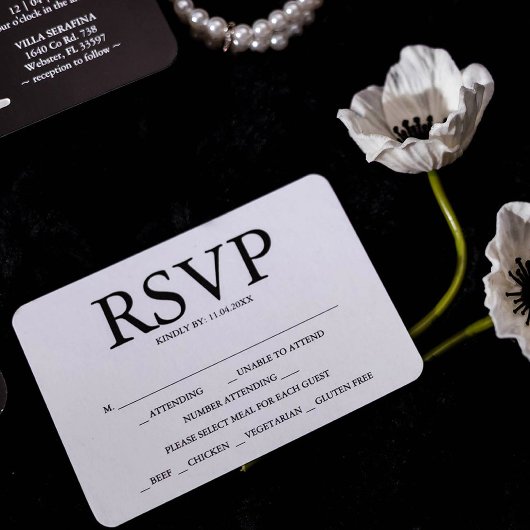Black and White Wedding Meal Choice RSVP Cards