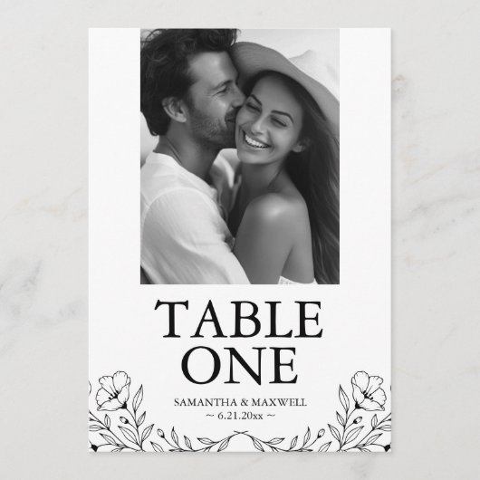 Black and White Wedding Photo Table Number Cards 招待状 (正面)