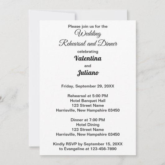 Black and White Wedding Rehearsal and Dinner 招待状 (正面)