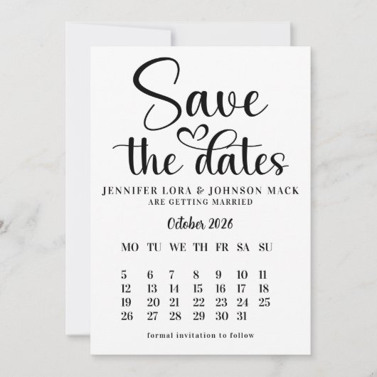 black and white wedding save the dates Calendar  セーブザデート (正面)