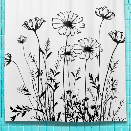 Black And White Wildflowers Line Art Floral シャワーカーテン