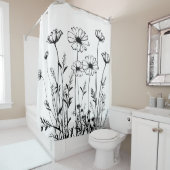 Black And White Wildflowers Line Art Floral シャワーカーテン (インサイチュ)