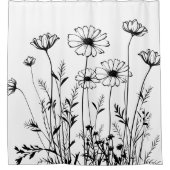 Black And White Wildflowers Line Art Floral シャワーカーテン (正面)