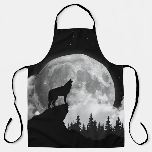 Black and white wolf howling at the moon エプロン (正面)