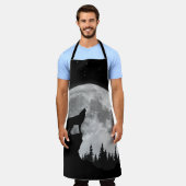 Black and white wolf howling at the moon エプロン (着用した状態)