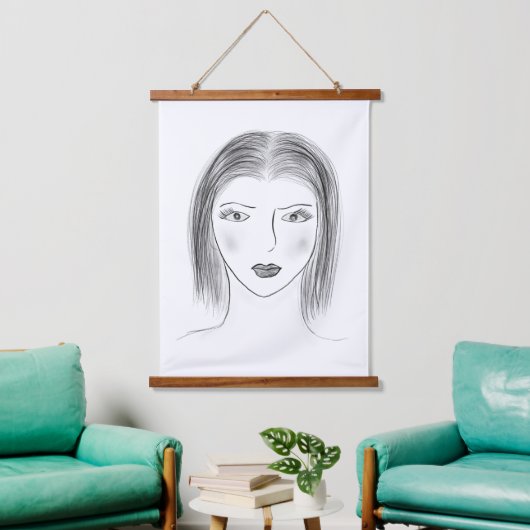 Black and White Woman Face Sketch for Gallery Wall 吊り下げ型タペストリー (リビング)
