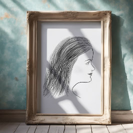 Black and White Woman Profile Sketch Gallery Wall ポスター