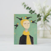 Black and Yellow Birds on Her Head Whimsy Painting ポストカード (スタンド正面)