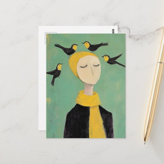 Black and Yellow Birds on Her Head Whimsy Painting ポストカード (正面/裏面インサイチュ)