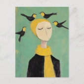 Black and Yellow Birds on Her Head Whimsy Painting ポストカード (正面)