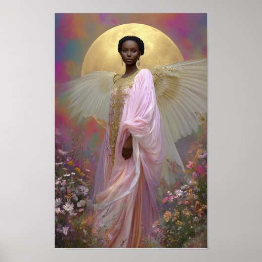 Black Angel Goddess Art Print: Pink Gold Floral ポスター (正面)