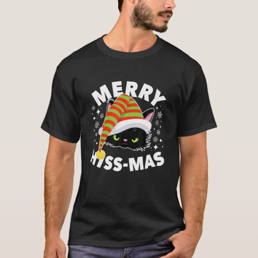 Black Angry Cat Merry Hiss Mas Cute Cats Funny Pun Tシャツ (正面)