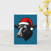 Black Angus Rancher Christmas Cow Santa Hat Farmer カード (黄色い花)