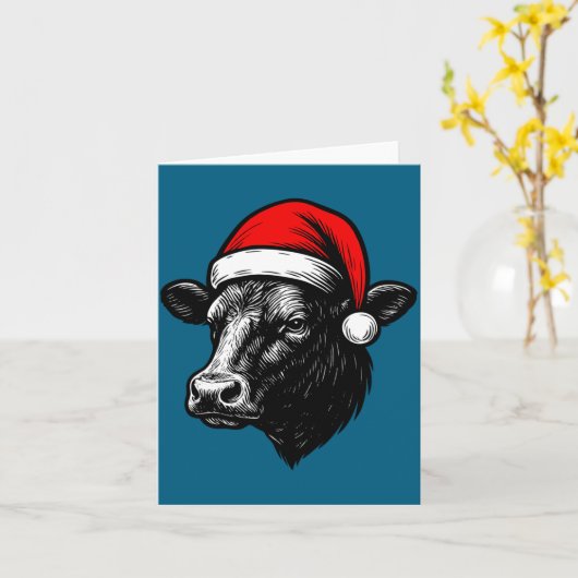 Black Angus Rancher Christmas Cow Santa Hat Farmer カード (黄色い花)