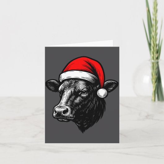 Black Angus Rancher Christmas Cow Santa Hat Farmer カード (正面)