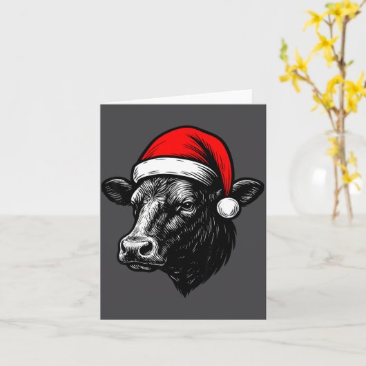 Black Angus Rancher Christmas Cow Santa Hat Farmer カード (黄色い花)