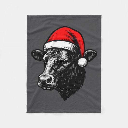 Black Angus Rancher Christmas Cow Santa Hat Farmer フリースブランケット (正面)