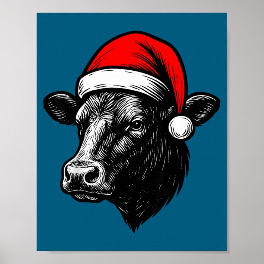Black Angus Rancher Christmas Cow Santa Hat Farmer ポスター (正面)