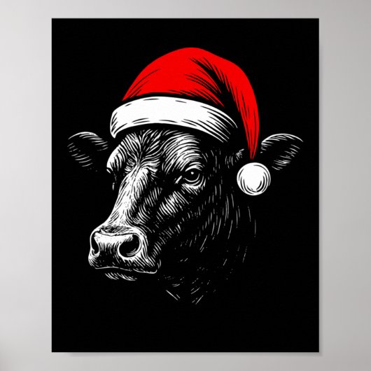 Black Angus Rancher Christmas Cow Santa Hat Farmer ポスター (正面)