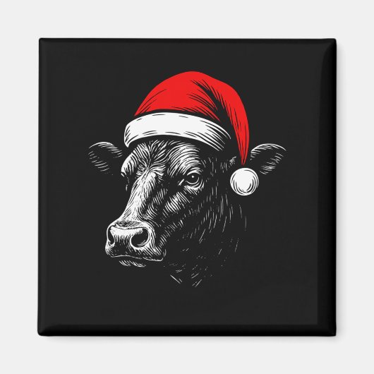 Black Angus Rancher Christmas Cow Santa Hat Farmer マグネット (正面)