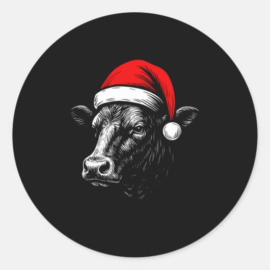 Black Angus Rancher Christmas Cow Santa Hat Farmer ラウンドシール (正面)