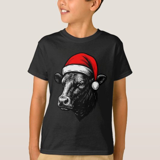 Black Angus Rancher Christmas Cow Santa Hat Farmer Tシャツ (正面)