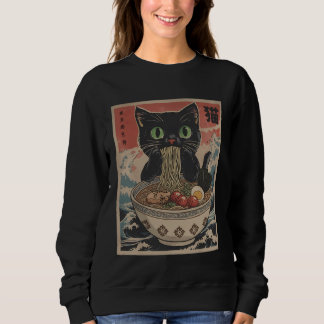 Black Anime Cat Ramen Noodles Japanese Funny Kawai スウェットシャツ