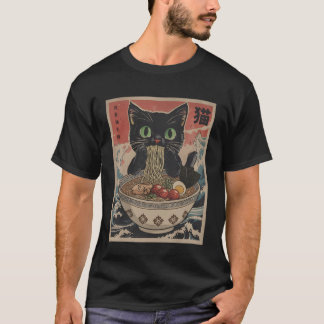 Black Anime Cat Ramen Noodles Japanese Funny Kawai Tシャツ
