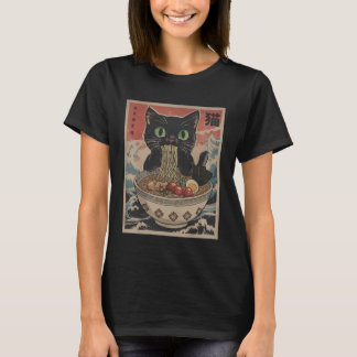 Black Anime Cat Ramen Noodles Japanese Funny Kawai Tシャツ