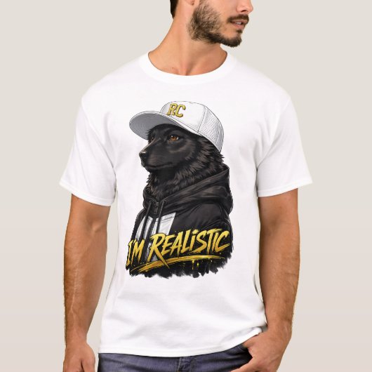 Black Anime Dog Streetwear Art | I'm Realistic Tシャツ (正面)