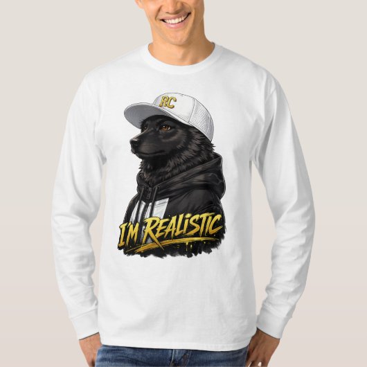 Black Anime Dog Streetwear Art | I'm Realistic Tシャツ (正面)