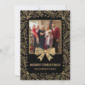Black & Antique Gold Bow Family Christmas Photo シーズンカード (正面)