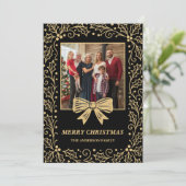 Black & Antique Gold Bow Family Christmas Photo シーズンカード (スタンド正面)