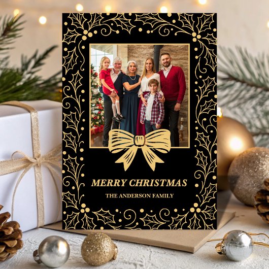 Black & Antique Gold Bow Family Christmas Photo シーズンカード