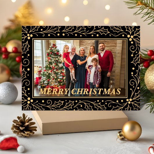 Black & Antique-Gold Family Christmas Photo シーズンカード