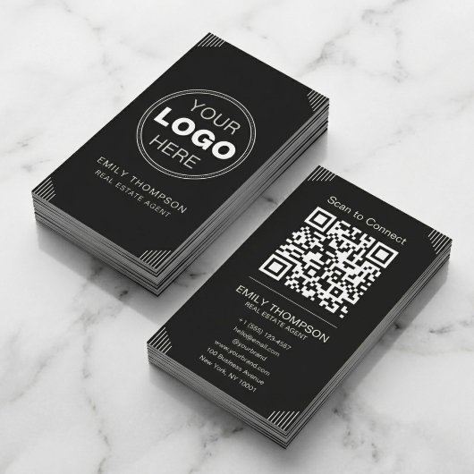 Black Art Deco Minimal QR Contact Design 名刺