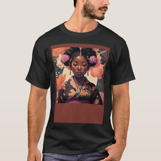 Black Asian woman wearing a kimono Afro Asian Tシャツ (正面)