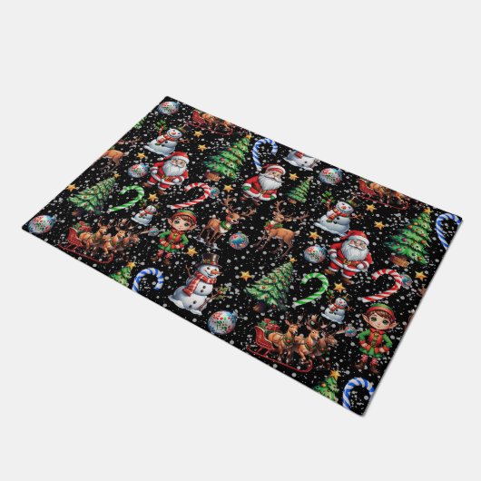 Black Background Christmas Decorative Pattern ドアマット (アングル)