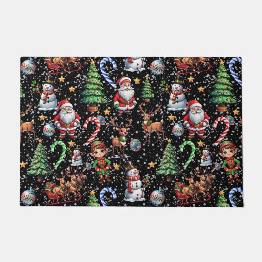 Black Background Christmas Decorative Pattern ドアマット (正面)