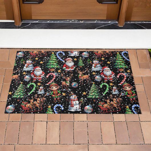 Black Background Christmas Decorative Pattern ドアマット