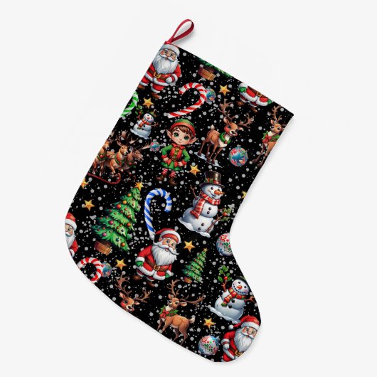 Black Background Christmas Decorative Pattern ラージクリスマスストッキング (正面 (吊り時))