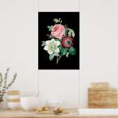Black background roses bouquet of Redoute print ポスター (キッチン)