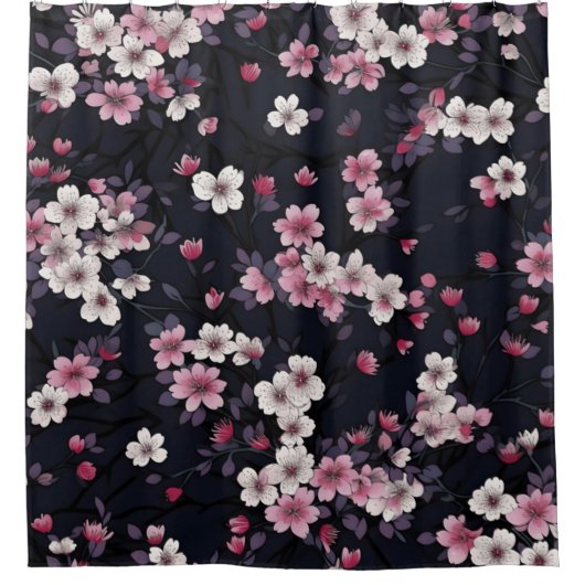 Black Background With Flowers シャワーカーテン (正面)