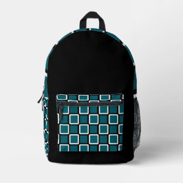 Black Backpack with Dark Teal & White Squares プリントバックパック