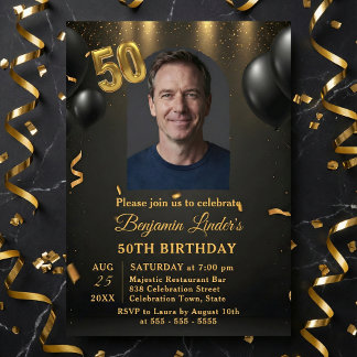 Black Balloons & Gold Confetti Photo 50th Birthday 招待状